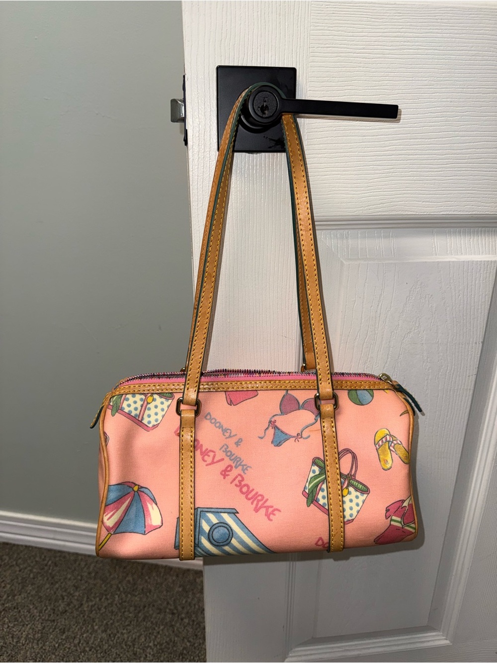 Dooney & Bourke Pink Beach-Print Shoulder Bag with Tan Leather Straps